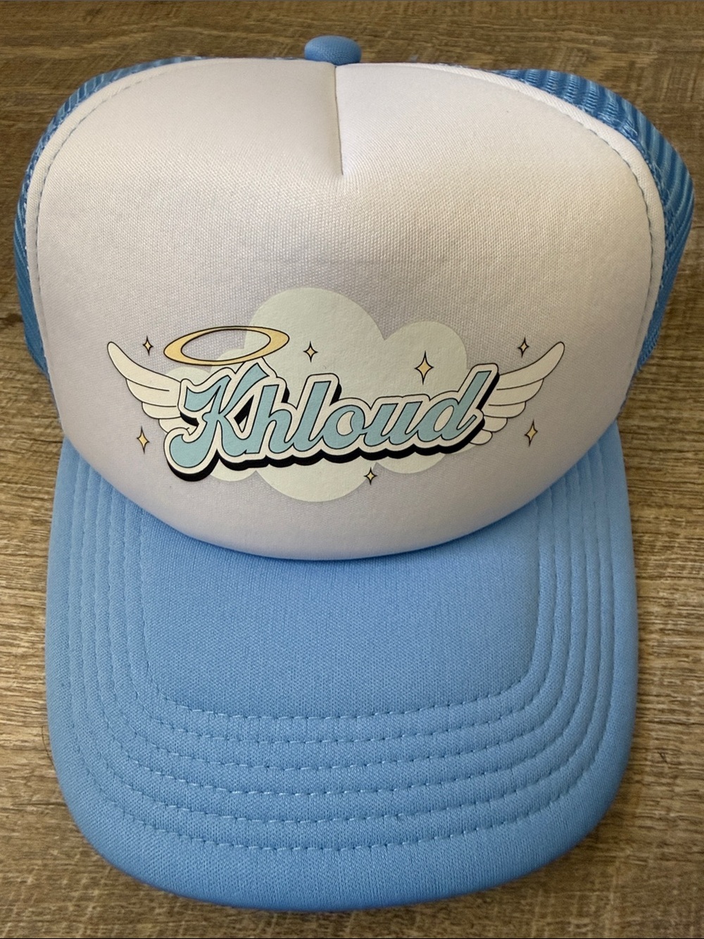 Khloe Kardashian Khloud Angel Graphic Trucker Hat in Light Blue & White OS